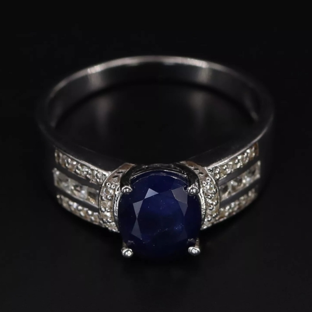Sterling Silver 925 DESIGNER Blue Sapphire White Topaz Cocktail Ring Size 10.75